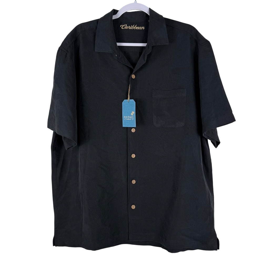 Roundtree &‎ Yorke Caribbean Short Sleeve Shirt XL Black Jaccard Palm Leaves NWT
